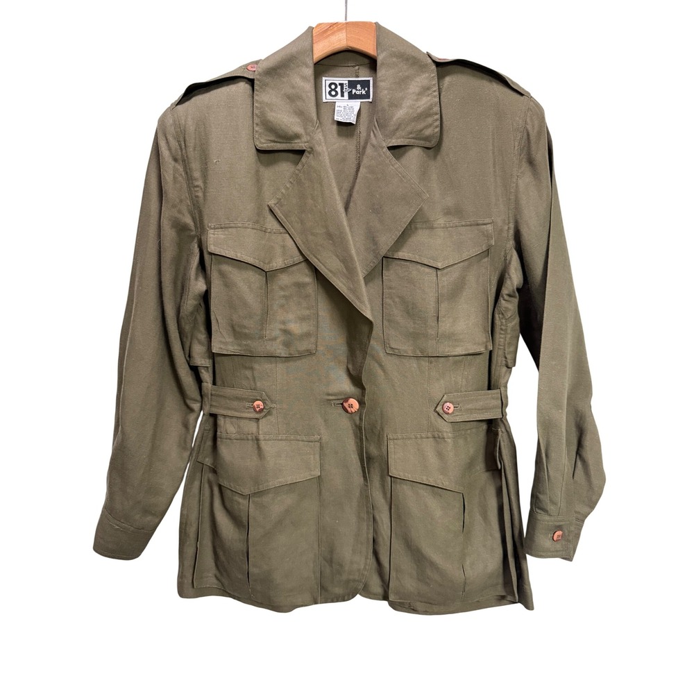 VTG Safari/Military Linen blend Jacket L Olive Green EUC Utility Gorpcore cinch